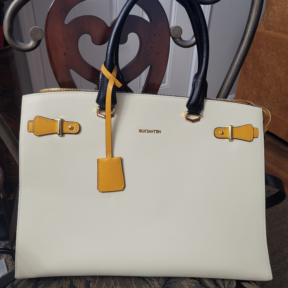 Bostanten Cream and Yellow Leather Laptop Tote Bag